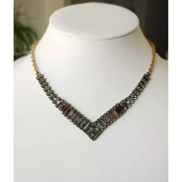 ELIZABETH COLE Multicolored Crystal Baguettes Gold Plated Chain Necklace Choker - Picture 1 of 6